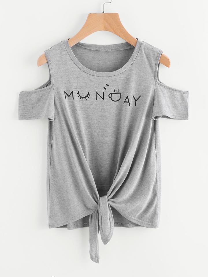 Shein Open Shoulder Knotted Front Tee