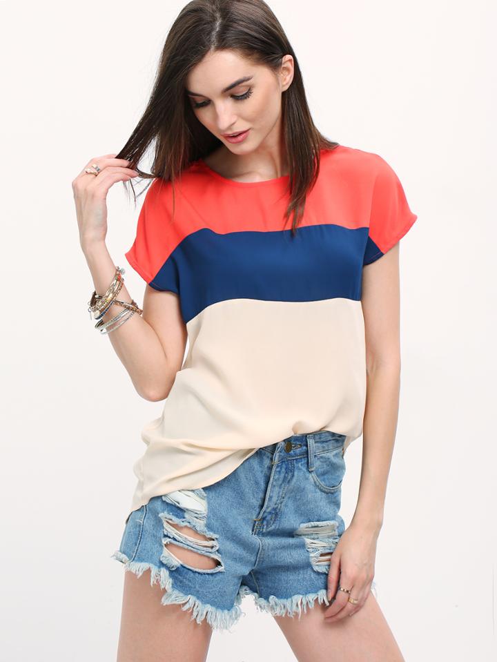 Shein Multicolor Cap Sleeve Chiffon Blouse