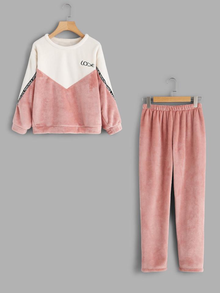 Shein Color Block Top And Pants Pajama Set