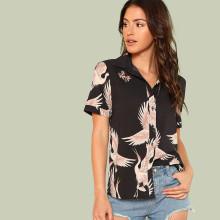 Shein Red-crowned Crane Print Shirt