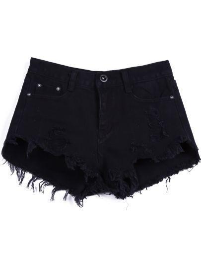 Shein Black Buttons Ripped Fringe Denim Shorts