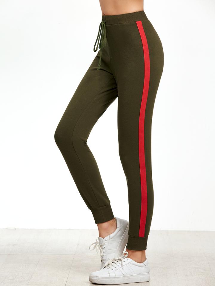 Shein Army Green Striped Side Drawstring Skinny Sweatpants