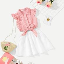 Shein Girls Knot Front Ruffle Trim Striped Top & Skirt Set