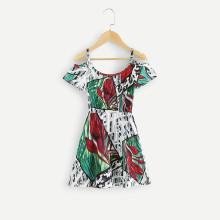Shein Girls Leaf Print Cold Shoulder Dress