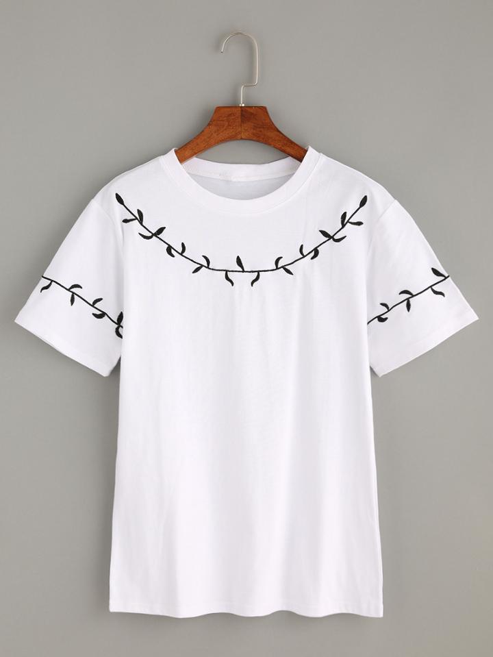 Shein White Leaf Branch Embroidered T-shirt