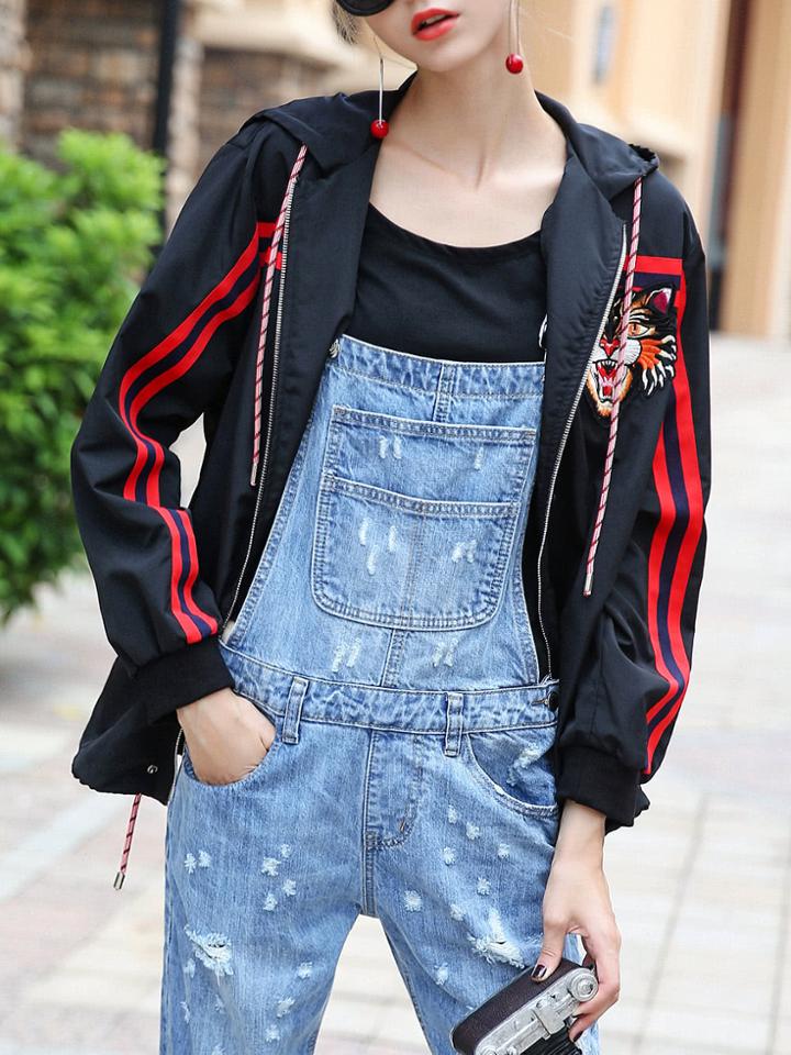 Shein Tiger Embroidered Hooded Striped Coat