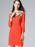 Shein Orange Round Neck Length Sleeve Contrast Gauze Swan Embroidered Dress