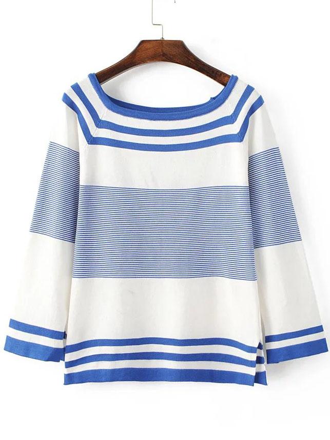Shein Blue Striped Raglan Sleeve Side Slit Knitwear