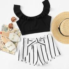 Shein Ruffle Crop Top & Knot Striped Shorts Set