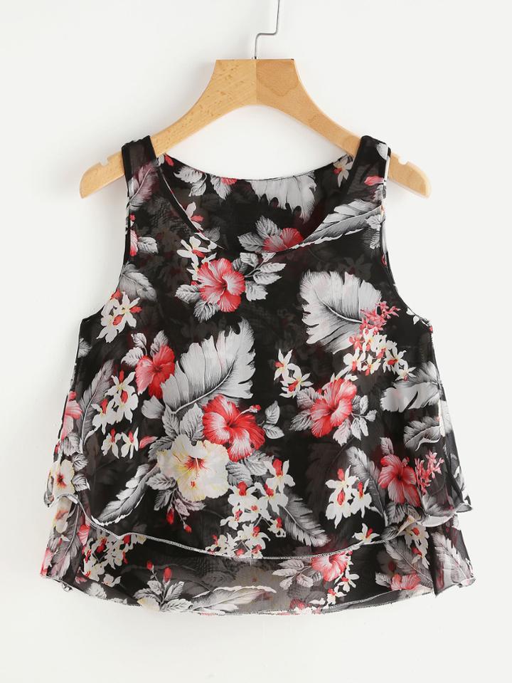 Shein Random Florals Layered Chiffon Tank Top