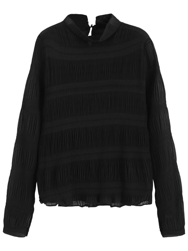 Shein Black Mock Neck Keyhole Back Pleated Chiffon Blouse