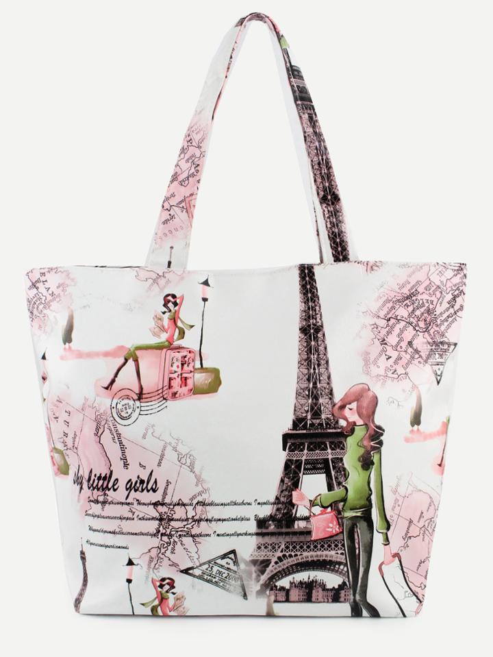 Shein White Eiffel Tower Print Tote Bag