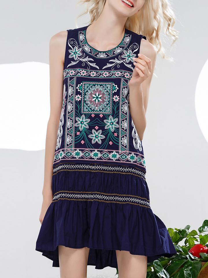 Shein Navy Embroidered Pleated High Low Dress