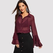 Shein Flounce Sleeve Sheer Dot Jacquard Top