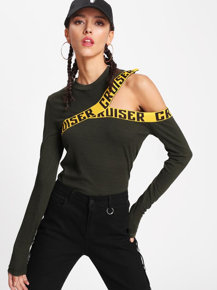 Shein Letter Print Panel Asymmetrical Shoulder Tee