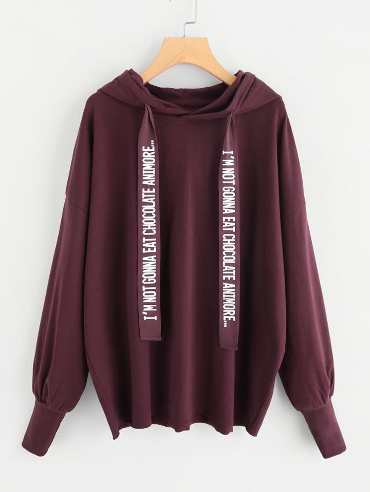 Shein Letter Tape Detail Drop Shoulder Raw Hem Hoodie