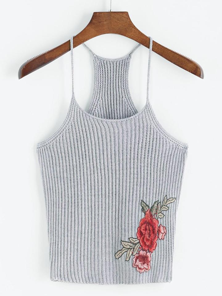 Shein Embroidered Rose Patch Knit Racer Cami Top