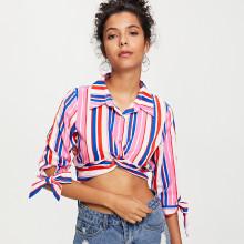 Shein Twist Front Striped Crop Shirt