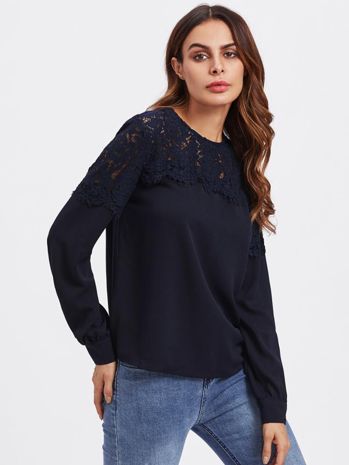 Shein Lace Yoke Buttoned Back Top