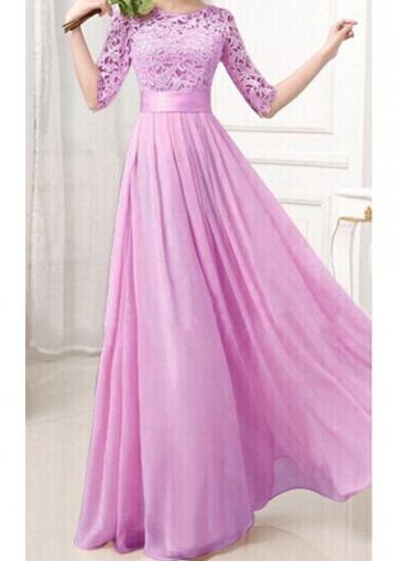 Rosewe Lace Splicing Half Sleeve Purple Chiffon Maxi Dress
