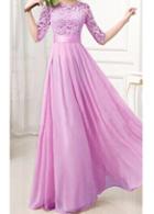 Rosewe Lace Splicing Half Sleeve Purple Chiffon Maxi Dress