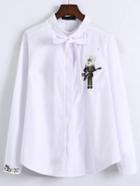 Shein White Bow Tie Neck Embroidered Corduroy Shirt