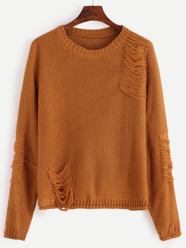 Shein Khaki Ripped Loose Sweater