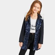 Shein Girls Faux Fur Contrast Hooded Sequin Coat