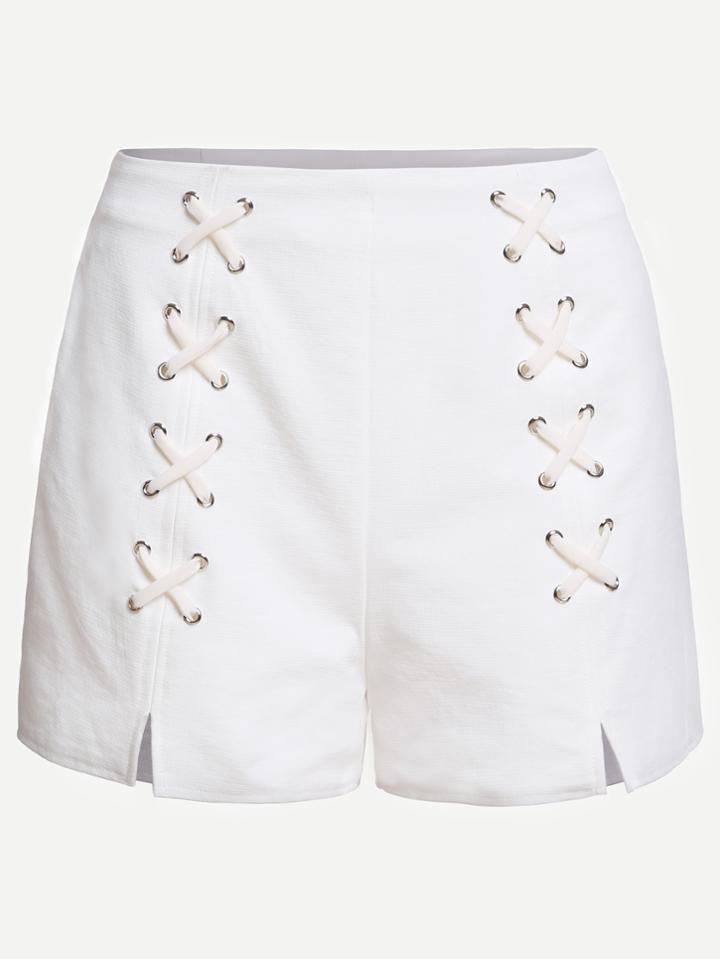 Shein White Eyelet Lattice Detail Slit Shorts