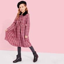 Shein Girls Faux Fur Collar Bow Detail Plaid Coat
