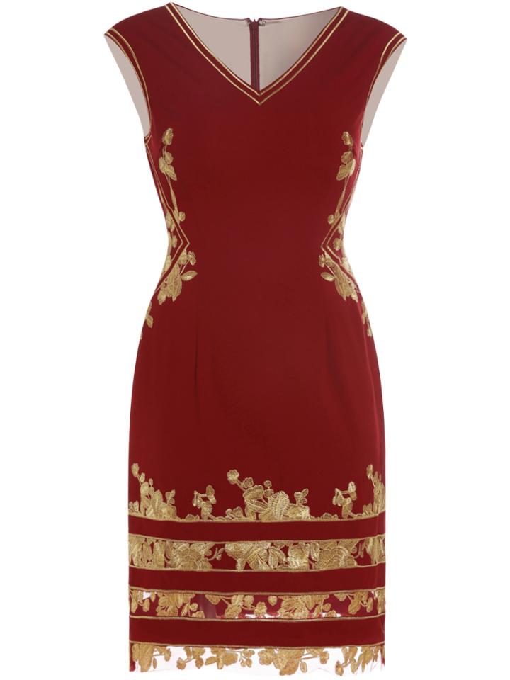 Shein Burgundy V Neck Gauze Embroidered Sheath Dress