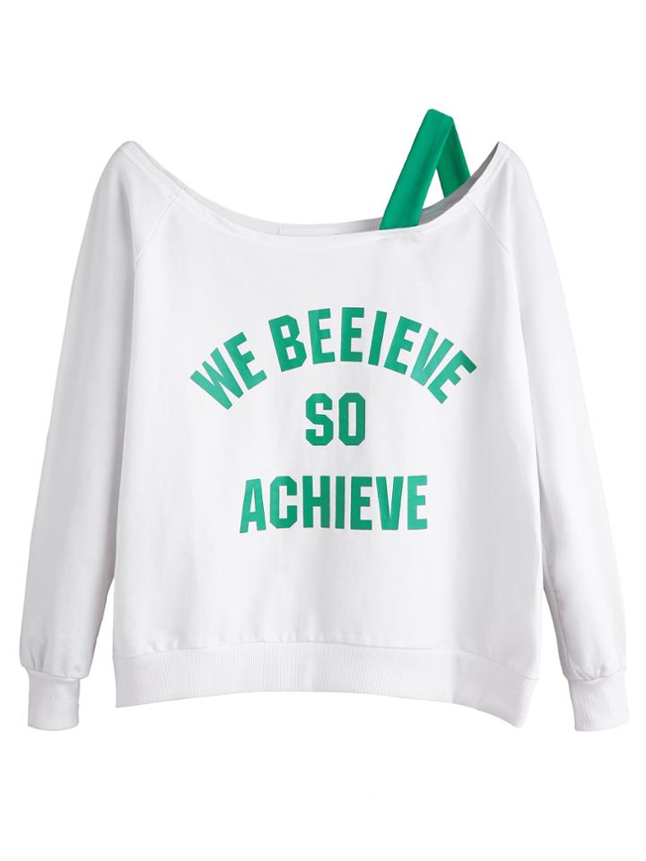 Shein Letters Print Asymmetric Cold Shoulder Sweatshirt