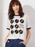 Shein White Vinyl Records Print Slub Ringer T-shirt