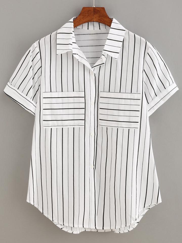 Shein Mixed Striped Dual Pockets Blouse