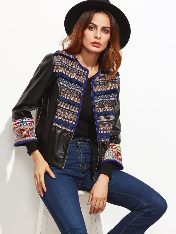 Shein Black Faux Leather Jacket With Embroidered Detail