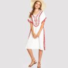 Shein Slit Side Embroidery And Pompom Trim Poncho Dress