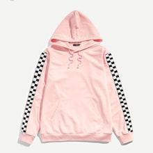 Shein Men Pocket Up Drawstring Plaid Hoodie