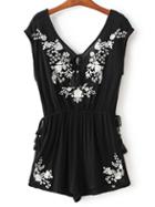 Shein Black V Neck Embroidery Tassel Siamese Trousers