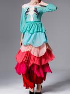 Shein Green Color Block Ruffle Embroidered Maxi Dress