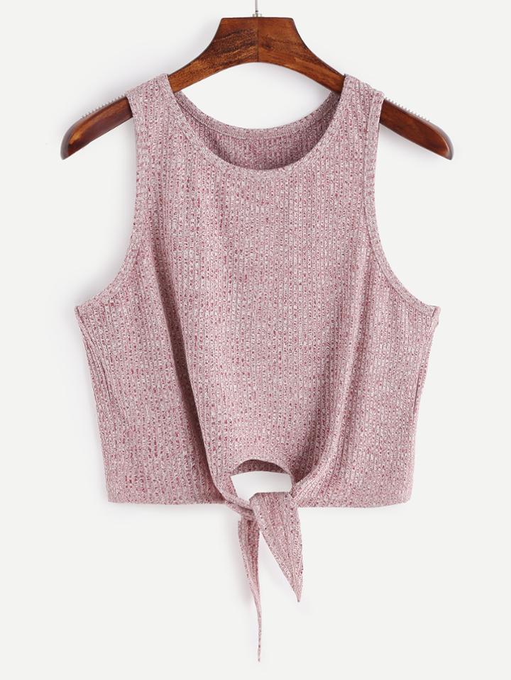 Shein Burgundy Marled Tie Front Ribbed Crop Tank Top