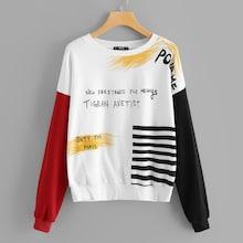 Shein Color Block Striped Letter Print Pullover