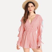 Shein Split Sleeve Ruffle Knot Print Jumpsuit