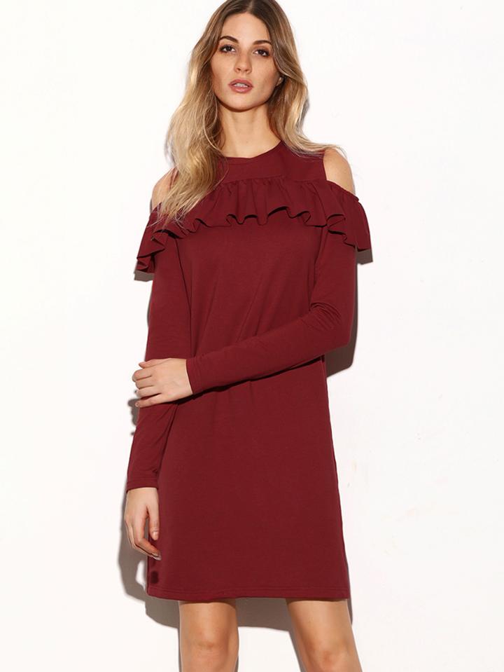 Shein Burgundy Cold Shoulder Ruffle Trim Shift Dress