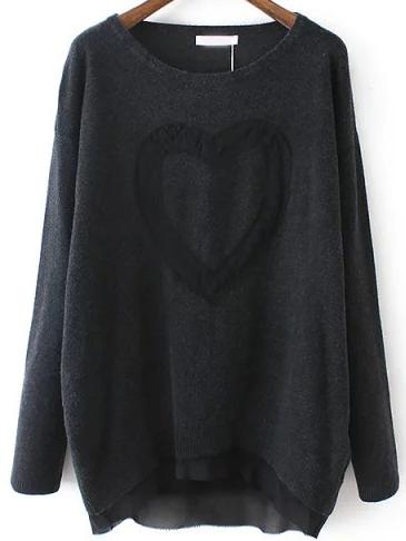 Shein Black Round Neck Heart Pattern Dip Hem Sweater