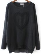 Shein Black Round Neck Heart Pattern Dip Hem Sweater