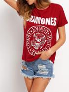 Shein Roll Cuff Letter Print Casual T-shirt
