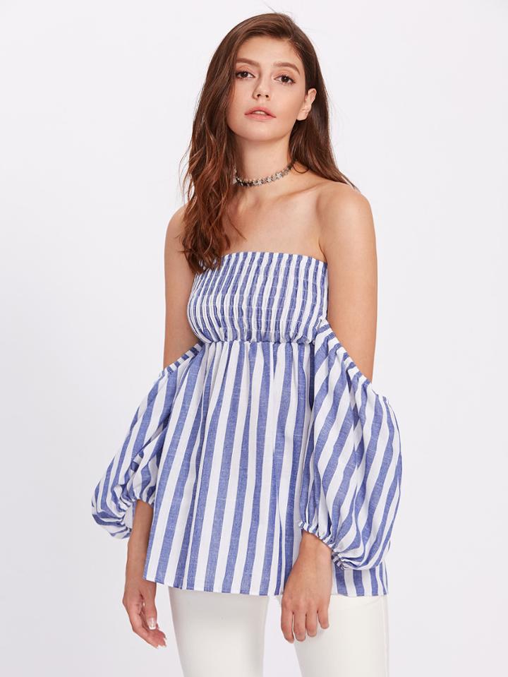 Shein Shirred Bardot Lantern Sleeve Contrast Striped Top