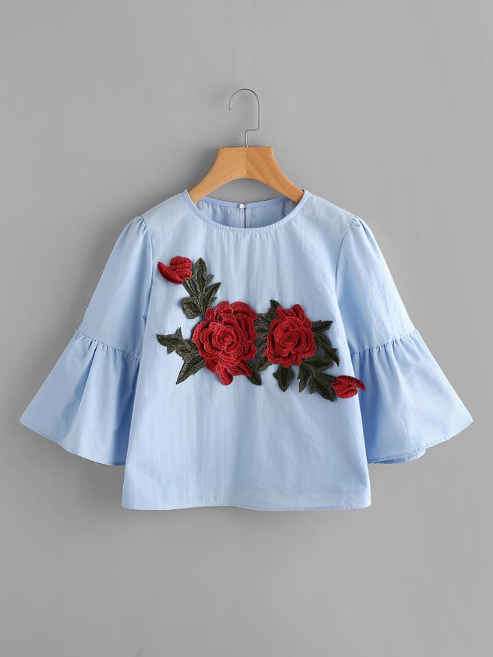Shein Embroidered Applique Flute Sleeve Blouse