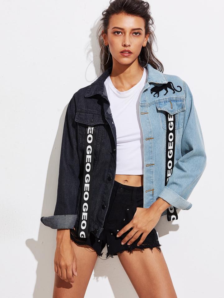 Shein Two Tone Letter Ribbon Detail Denim Jacket