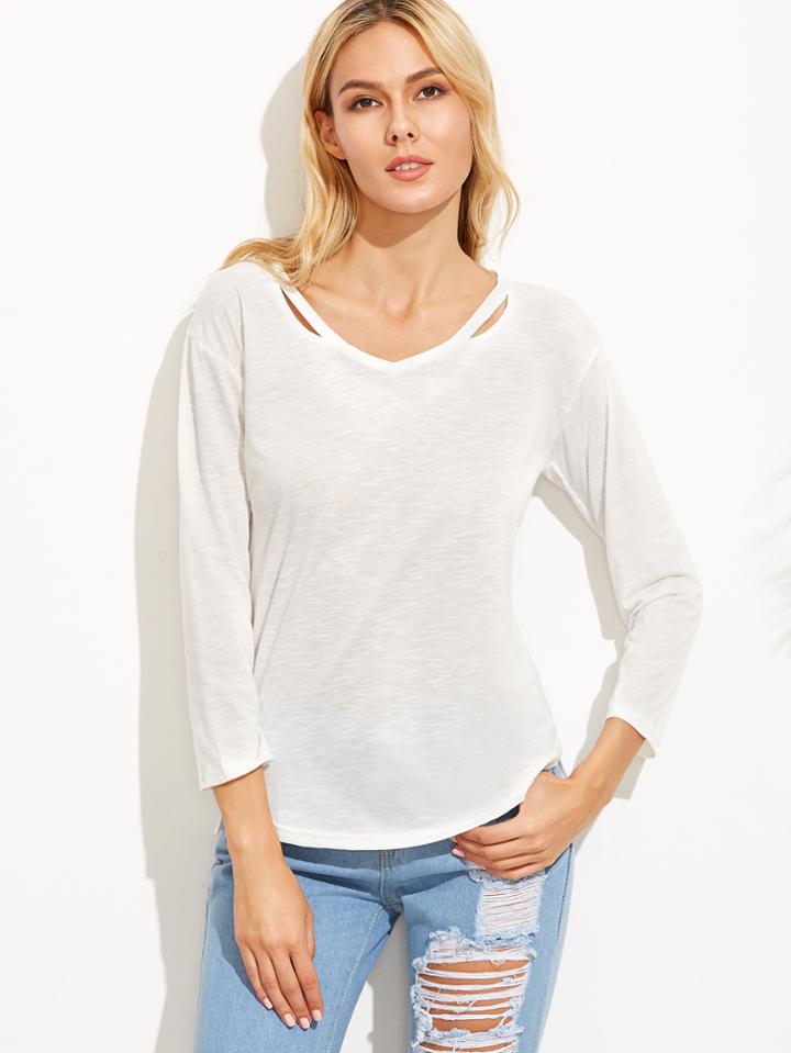 Shein White V Neck Cutout Curved Hem T-shirt